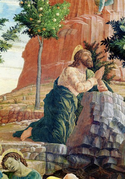 La agonía en el jardín, panel predela izquierdo del retablo de San Zeno de Verona, 1456-60 (detalle) de Andrea Mantegna
